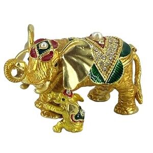 QIFU Mother Elephant w/Calf Jeweled & Enameled Trinket Box - Figurine
